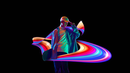 Teen boy posing with skateboard against black background in neon lights with colorful abstract...