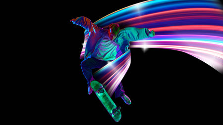 Teen boy training, riding on skateboard against black background in neon lights with colorful abstract element. Creative design.の写真素材