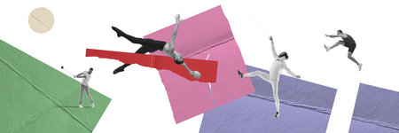 Athletic people, men practicing different sports, golf, handball, swordplay, run. Contemporary art collage. Sport, competitionの写真素材