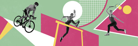 Concentrate and competitive young people, cyclist, runner and and tennis player in motion over...