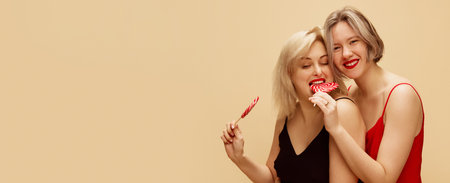 Portrait of happy, beautiful lesbian women, couple posing with candy, celebrating holiday over light...