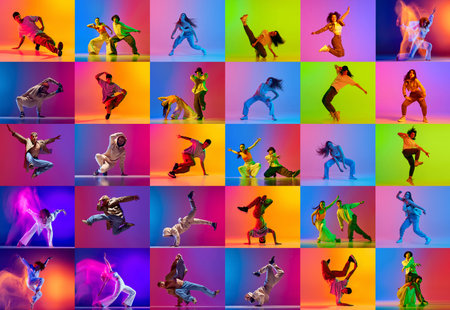 Collage. Talented artistic young people, men and women perfuming hip hop, breakdance over multicolored background in neon light. Modern dance style, action and motion, hobbyの写真素材