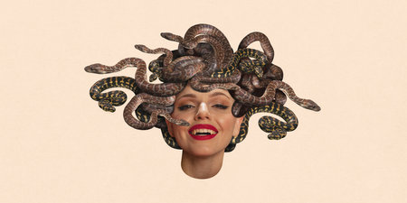 Contemporary art collage. Young beautiful girl with snakes instead of hair looks like mythology...