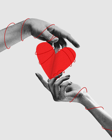 Connected wit love. Male and female ands holding heart. Contemporary art collage. Minimalism....
