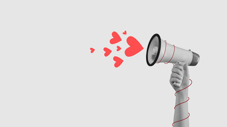 It is love time. Female hand with megaphone and heart symbols. Contemporary art collage. Minimalism. Valentines dayの写真素材