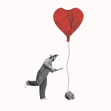 Man, gardener cutting heart, giving freedom to love. Contemporary art collage. Valentines Dayの写真素材