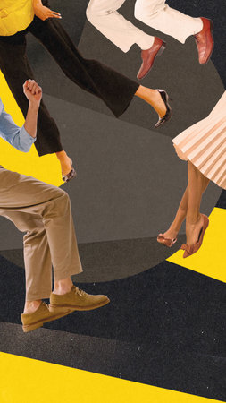 Male and female legs in retro clothes and shoes dancing over multicolored background. Contemporary art collage.の写真素材