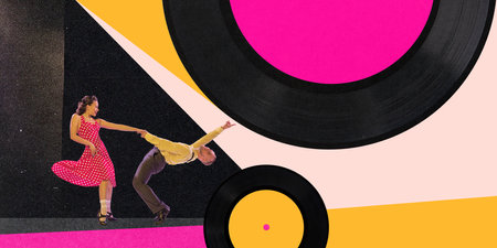 Stylish, artistic young man and woman in retro clothes dancing over colorful background with vinyl...