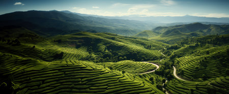 Green field, coffee, tea plantation. Growing organic products, industry of organic drinks. Coffee industry, harvesting, agriculture,の素材