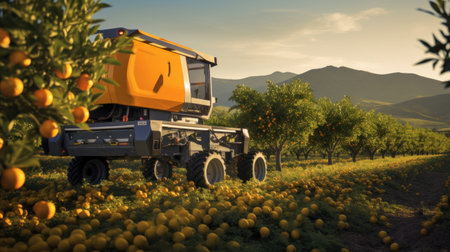 Harvester, machine picking oranges on plantation, garden, farm. Summer harvesting season. Mountains on backgroundの素材