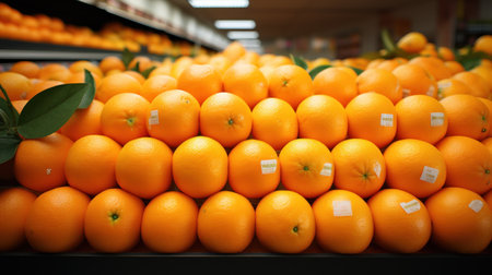 Fresh delicious oranges lying on shelf in supermarket. Organic market place. Shopping. Groceriesの素材