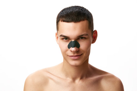 Handsome young man taking care after skin, applying mask for blackheads against white studio...