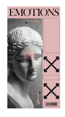 Antique statue bust over pink backwound. Flyer, postcard example, invitation card. Contemporary art...