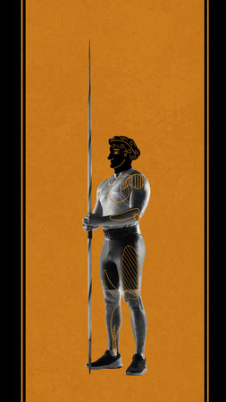 Strong muscular young man, athlete standing with javelin over orange black background. Ancient man...