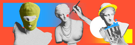 Antique statue busts in balaclava, eating popcorn, doing makeup over colorful background. Modern lifestyle. Contemporary art collage.の写真素材