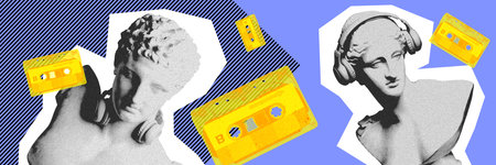 Antique statue busts listening to music in headphones with retro cassette over blue background. Contemporary art collage.の写真素材