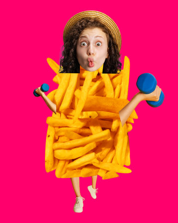 Pretty young girl with funny face training, standing in delicious fries over pink background. Fast food and fitness. Contemporary art collage.の写真素材