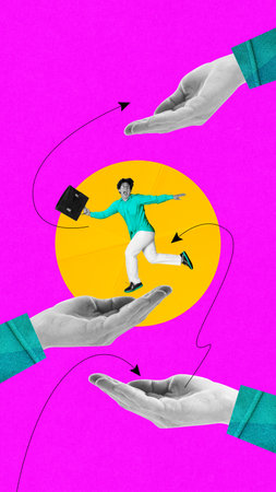 Happy successful man, employee walking around hands symbolizing professional success. Contemporary...
