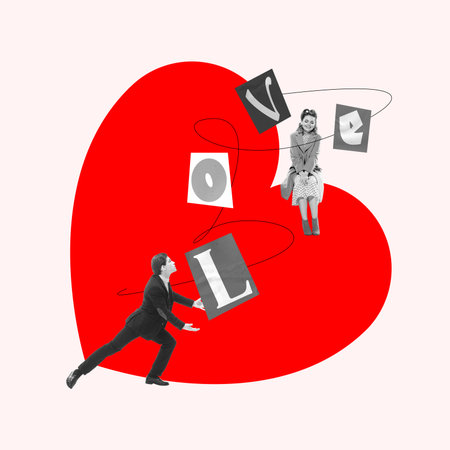 Young man presenting heart, showing his love to beautiful woman. Proposal to go for date. Creative art collage. Valentines dayの写真素材