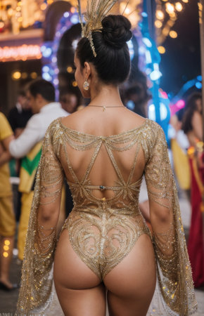 Rear view of attractive young woman wearing festive, luxurious, golden costume with open body parts attending fashion carnival in summerの素材