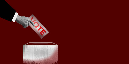 Male hand putting vote ballot into ballot box. Choosing relevant candidate. Contemporary art...