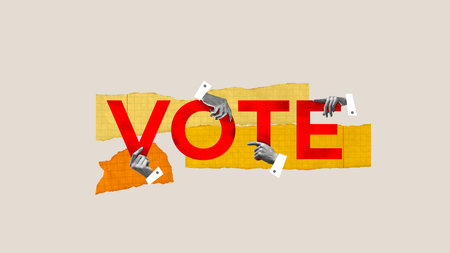 Human hands holding word of vote. Grainy effect. Voting process. Contemporary art collage.の写真素材
