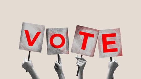 Human hands raising tablets and making word - vote over light background. Contemporary art collage.の写真素材