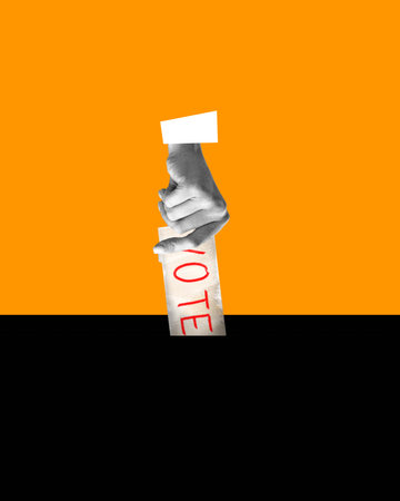 Female hand putting ballot in ballot box, choosing candidate on election. Contemporary art collage.の写真素材