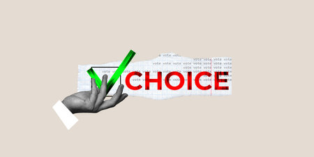 Human hand holding green check mark, choosing candidate on voting process. Contemporary art collage.