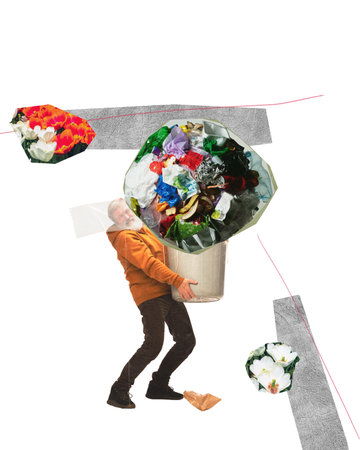 Senior man carrying giant garbage bin, taking care after nature, cleaning surroundings. Contemporary art collage.の写真素材