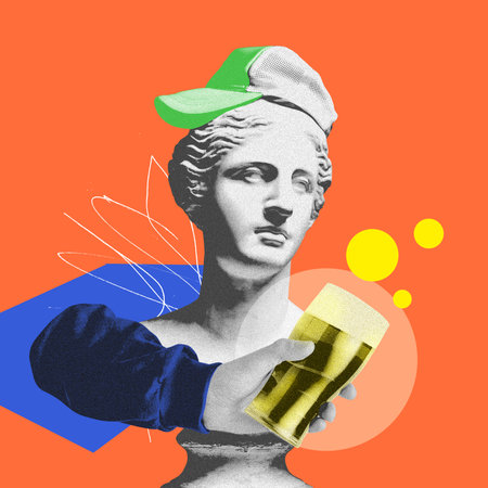 Antique statue bust, replica in cap with beer mug over bright orange background. Festival, relaxation. Contemporary art collage.の写真素材