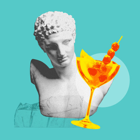 Male antique statue bust and sweet and sour cocktail over pastel blue background. Contemporary art collage.の写真素材