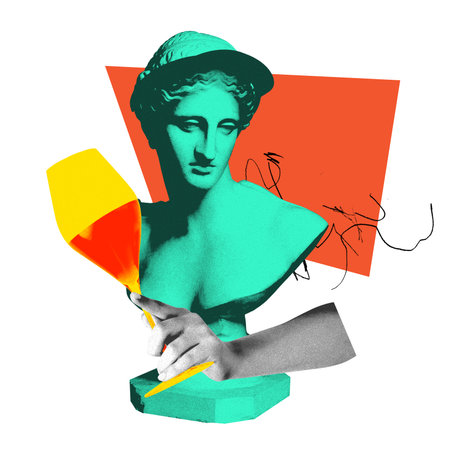 Antique statue bust in cap and hand with popular alcohol cocktail over white background. Contemporary art collage.の写真素材