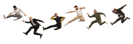 Collage made of different young men wearing various clothes, formal wear, casual and sportswear, jumping isolated over white background.の写真素材
