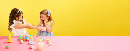 Little girl presenting to her friend a gift, box, Easter present against yellow background. Easter, childhoodの写真素材