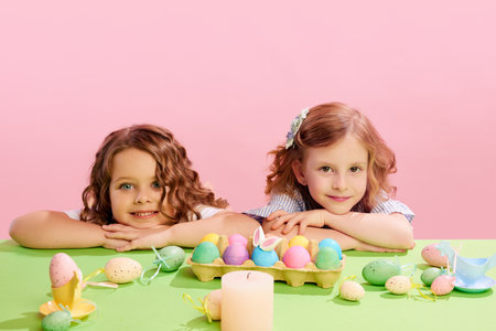 Portrait of beautiful little girls lying on table with decorated, painted eggs against pink background. Easter, childhoodの写真素材
