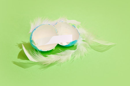 Cracked painted egg with paper inside over green background. Whishes. Ester, holidayの写真素材