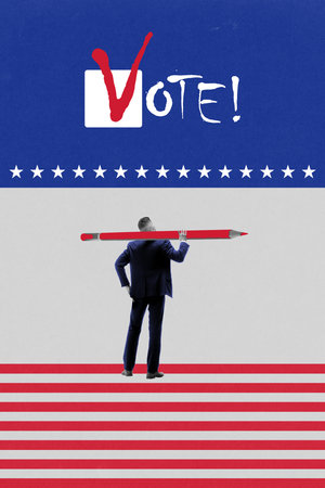 Young man choosing candidate, voting on elections. American presidential election. Contemporary art...