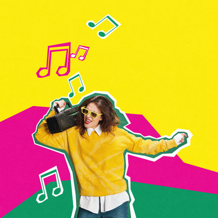 Young girl in sunglasses, casual stylish clothes listening to music with retro player over colorful background. Contemporary art collage.の写真素材