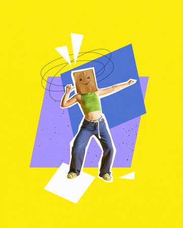 Young girl in casual clothes with paper box on head with smile over yellow background. Hiding inner self. Contemporary art collage.の写真素材