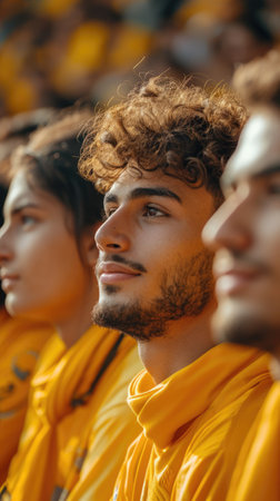 Young people, football fans sitting on tribune, watching football math, cheering up favorite team. Leisure activityの素材