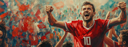 Watercolor art. Emotional, excited young man, football player expressing happiness after winning game. Success, championの素材