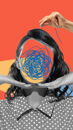 Female head silhouette with tangled string over multicolored background. Tangled thoughts....