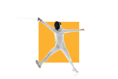 Female fencer in motion, training over white background with yellow element. Coordinated movements.