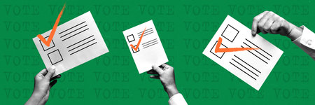 Diversity of choice. Human hands holding ballot paper with checkmark. Choosing candidate for...