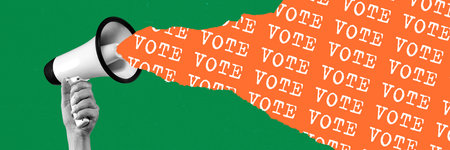 Female hand holding megaphone with flow of word vote. Importance to vote for candidate. Contemporary...