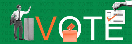 From candidate speech to voting. Ballot paper with checkmark. Contemporary art collageの写真素材