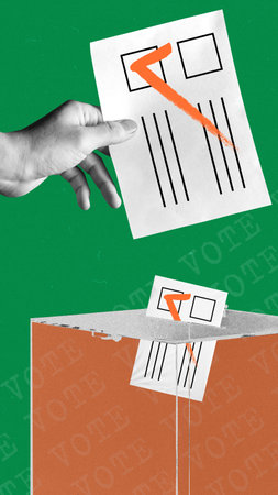 Man putting ballot paper into ballot box. Choosing candidate. Contemporary art collageの写真素材