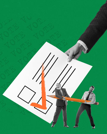 Competition. Man with pencil fighting near ballot paper with checkmark. Contemporary art collage
