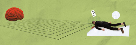 Poster for a seminar on the effects of stress on the brain, featuring the metaphor of being lost in thoughts. Professional challengesの写真素材